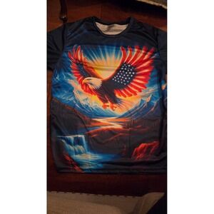 Mens Patriotic Bald Eagle American Flag All Over Print T-Shirt Size L Blue Red